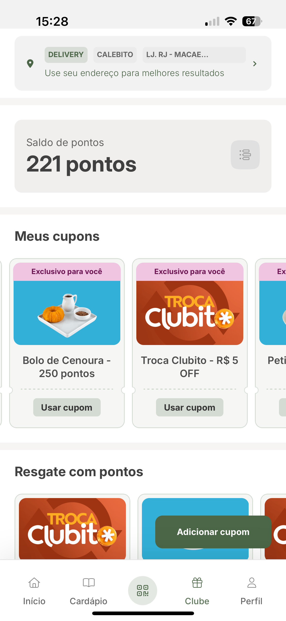 Tela do Clube com saldo de pontos e cupons exclusivos