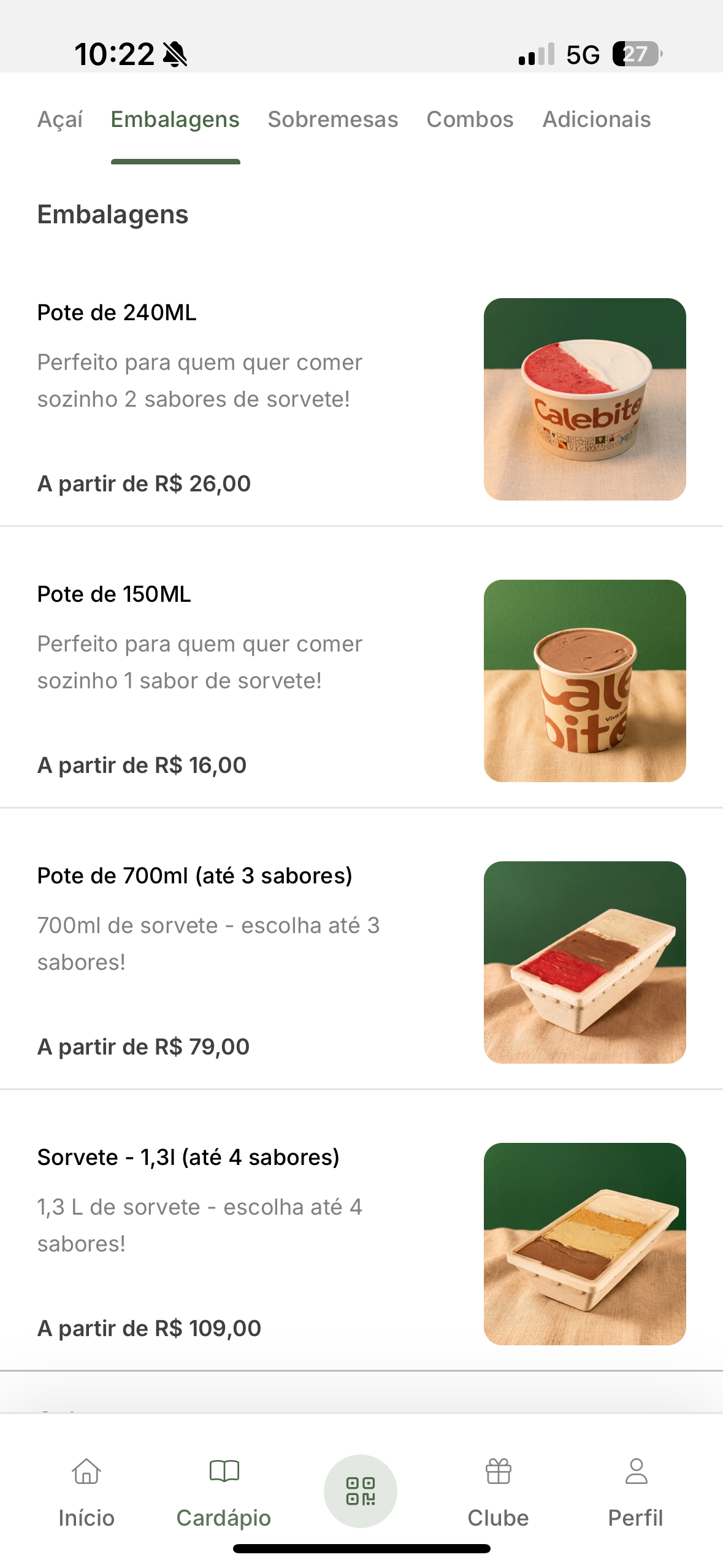 Tela do cardápio de delivery com sorvetes e potes