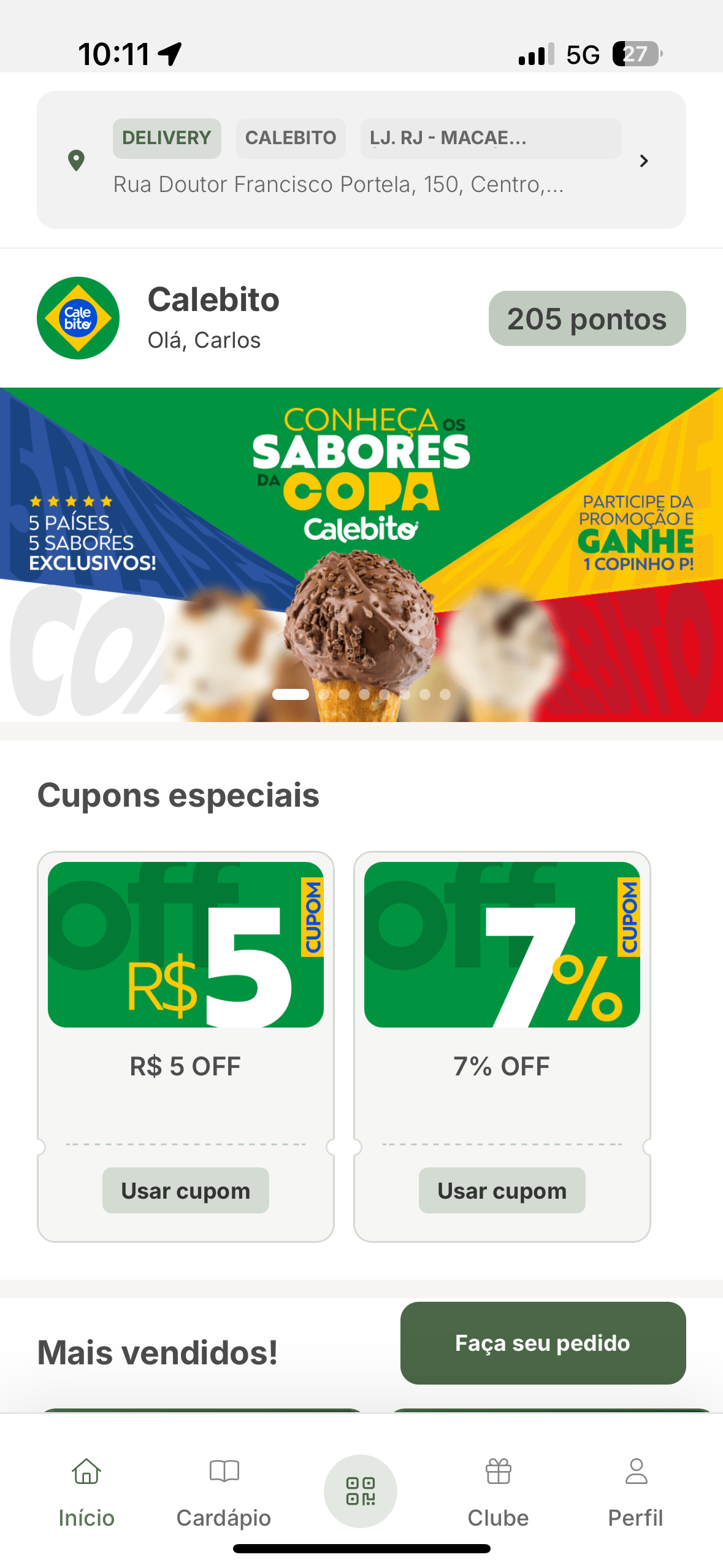 Tela inicial do app Calebito com Bem-vindo ao Clubito e 221 pontos